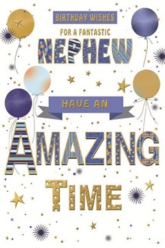 Nephew Birthday Card - Blue Balloons Stars and Writing with Gold Foil 9x6"