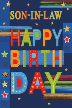 Son-in-Law Birthday Card - Blue Background Bright Writing & Stars Gold Foil 9x6"