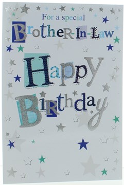Brother-in-Law Birthday Card - Blue and Green Writing Stars and Silver Foil 9x6"
