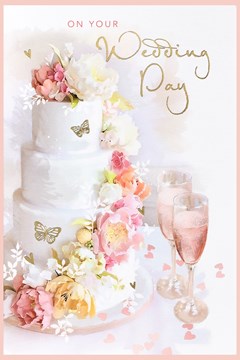 Wedding Day Card - Wedding Cake Flowers Champagne Glasses Gold Foil 9x6" Wedding Day Card - Wedding Cake Flowers Champagne Glasses Gold Foil 9x6"