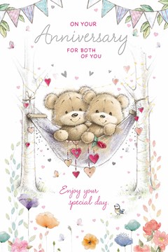 Wedding Anniversary Card - Bears in Hammock with Hearts Flowers Silver Foil 9x6"