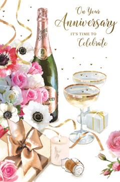 Wedding Anniversary Card - Pink White Flowers and Champagne with Gold Foil 9x6"