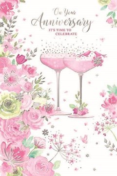 Open Wedding Anniversary Card - Pink Flowers Birds & Champagne Glasses Foil 9x6"