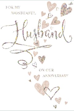 Husband Wedding Anniversary Card - Beige Hearts With Silver Foiled Writing 9x6"