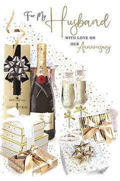 Husband Wedding Anniversary Card - Champagne and Gifts with Gold Foil 9x6"