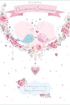 Daughter & Son-in-Law Anniversary Card - Love Birds Pink Heart Silver Foil 9x6"