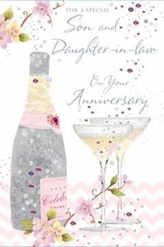 Son & Daughter-in-Law Anniversary Card - Champagne & Glasses with Foil 9x6"