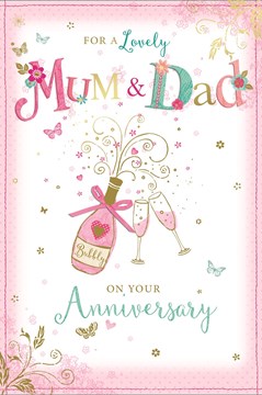 Mum & Dad Wedding Anniversary Card - Champagne Bottle Glasses Gold Foil 9x6"