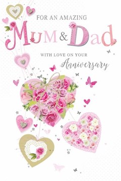 Mum & Dad Wedding Anniversary Card - Pink Hearts Flowers Butterflies & Foil 9x6"