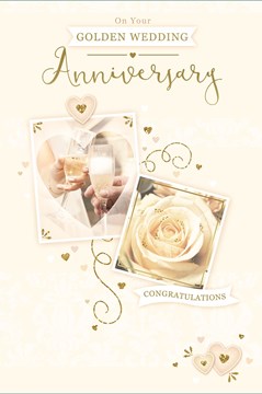 Golden 50th Wedding Anniversary Card White Rose Wine Heart 9 X 6