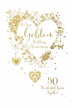 Golden 50th Wedding Anniversary Card - Gold Foiled Flower Butterfly Heart 9x6"