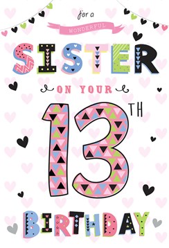 Sister 13th Birthday Card Pastel Writing with Pink and Silver Foil Hearts 9x6"