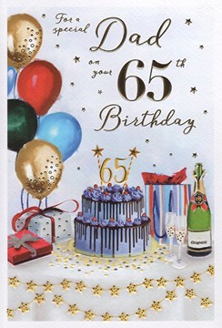 ICG Dad 65th Birthday Card - Balloons Champagne and Cake with Gold Foil 9" x 6"
