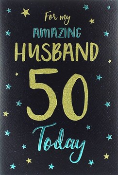 ICG Husband 50th Birthday Card - Electric Blue Text & Gold Glitter Stars 9" x 6"