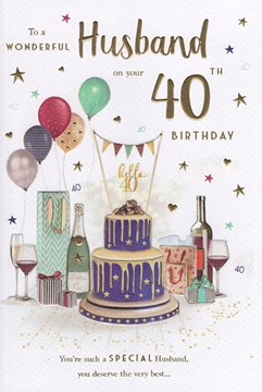 ICG Husband 40th Birthday Card - Champagne Cake and Balloons with Gold Foil 9x6"