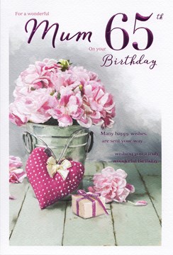 ICG Mum 65th Birthday Card - Pink Carnations, Big Heart & Little Present 9" x 6"