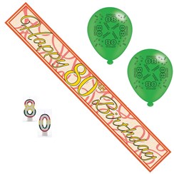 Age 80 Unisex Birthday Party Pack - 80th Banner, Balloons, Number Candles