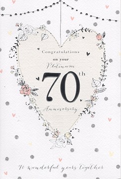 ICG Platinum 70th Wedding Anniversary Card - Silver Text, Roses & Hearts 9" x 6"