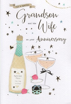 ICG Grandson & Wife Anniversary Card - Champagne, Present & Pink Roses 9" x 6"
