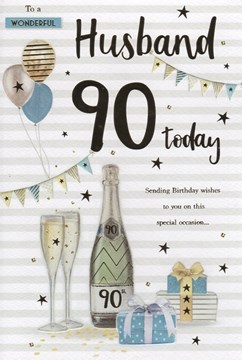 ICG Husband 90th Birthday Card - Champagne Bunting Balloons with Gold Foil 9x6"
