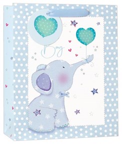 Large Birth Baby Boy Gift Bag - Blue Elephant with Ribbon Handle & Tag 13x10.25"