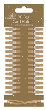 Pack Of 30 Modern Christmas Card Holder Pegs & 3m Metallic String - Plain Gold