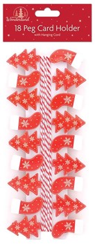 Pack Of 18 Novelty Christmas Card Holder Pegs & Hanging Cord - Trees & Stockings