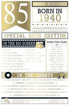 2025 85th Birthday Card 1940 Was A Special Year Age 85 White with Gold Foil