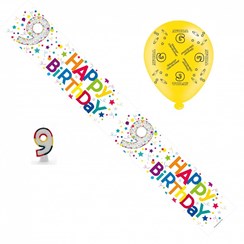 Age 9 Unisex Birthday Party Pack - 9th Banner, Balloons, Number Candle