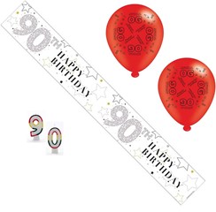 Age 90 Unisex Birthday Party Pack - 90th Banner, Balloons, Number Candles