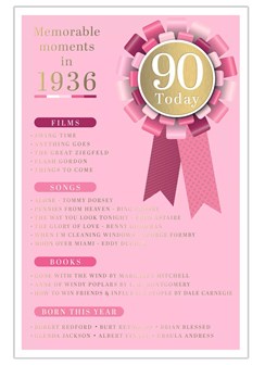 2026 90th Female Birthday Card - 1936 Was A Special Year - Age 90 Pink 9x6 2026 90th Female Birthday Card - 1936 Was A Special Year - Age 90 Pink 9x6