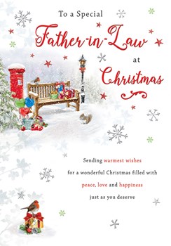 Father-in-law Christmas Card - A Bench & Postbox In The Snow With Foil 9x6.25"