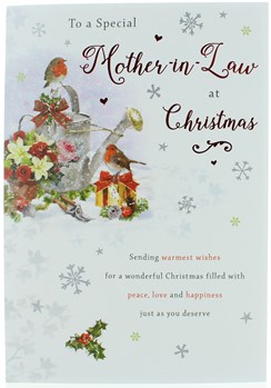 Mother-in-law Christmas Card - Robins Watering Can & Xmas Flowers 9" x 6"