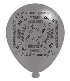 Pack Of 8 Silver Happy 25th Anniversary Latex Party Balloons - Air Fill / Helium