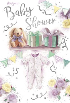 Baby Shower Card - Unisex Boy or Girl Teddy Babygro with Silver Foil 7.5x5.25"