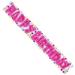 Happy Birthday Foil Party Banner - Happy Birthday - Bright Pink & Silver Text