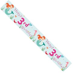 Age 3 Girl Green Foil Party Banner - Happy 3rd Birthday - Mermaids, Fish & Stars