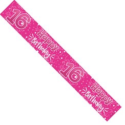Age 16 Girl Foil Birthday Party Banner - 16 Happy Birthday - Pink & Silver Stars
