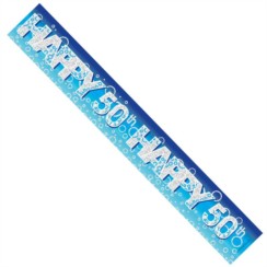 Age 50 Male Blue Foil Party Banner - Happy 50th - Silver Text & Big Blue Bubbles
