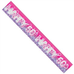 Age 50 Female Pink Foil Party Banner - Happy 50th - Silver Text & Purple Bubbles