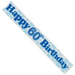 Age 60 Male Silver Foil Party Banner - Happy 60th Birthday - Blue Text & Numbers