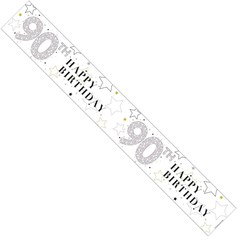 Age 90 Unisex Foil Party Banner - Happy 90th Birthday - White & Silver Stars