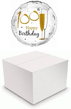 Round 18" 100th Birthday Foil Helium Balloon In Box - Age 100 Unisex Gold Flutes