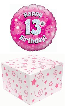 Round 18" 13th Birthday Foil Helium Balloon In Box -Happy 13 Pink Silver Hearts