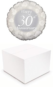 Round 18" 30th Anniversary Foil Helium Balloon In Box - Silver & White Roses