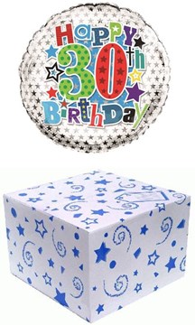 Round 18" 30th Birthday Foil Helium Balloon In Box - Age 30 Male Blue Stars