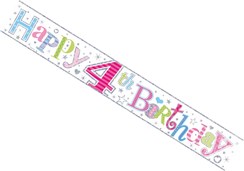 Age 4 Girl Pink Foil Party Banner - Happy 4th Birthday Mulitcoloured