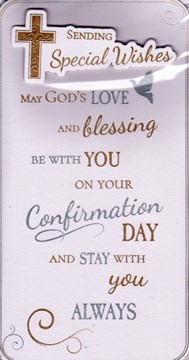 Confirmation Day Greetings Card - Gold & Silver Metallic Cross & Dove 9"x4.75"