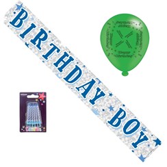 Blue Birthday Boy Party Pack - Foil Banner, Latex Balloons, Blue Candles