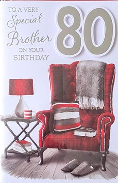 Brother 80th Birthday Card - Red Chair with 3D Silver Foil Number 80 9x6" Brother 80th Birthday Card - Red Chair with 3D Silver Foil Number 80 9x6"